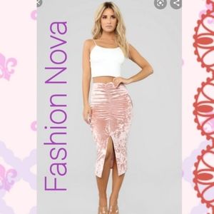 Fashion Nova Pink Ruched Velvet Midi Skirt
